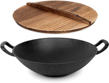 Load image into Gallery viewer, Cast Iron Wok with 2 Handled and Wooden Lid (14 Inches)