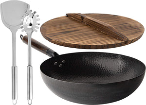 Carbon Steel Wok with 2 Spatulas & Wooden Lid