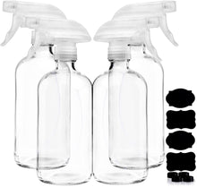 Load image into Gallery viewer, Homeries Glass Spray Bottles For Cleaning Solutions (4 Pack) - 16 Ounce, Refillable Sprayer for Essential Oil, Water, Kitchen, Hair. Durable Black Trigger Sprayer w/Mist and Stream Settings