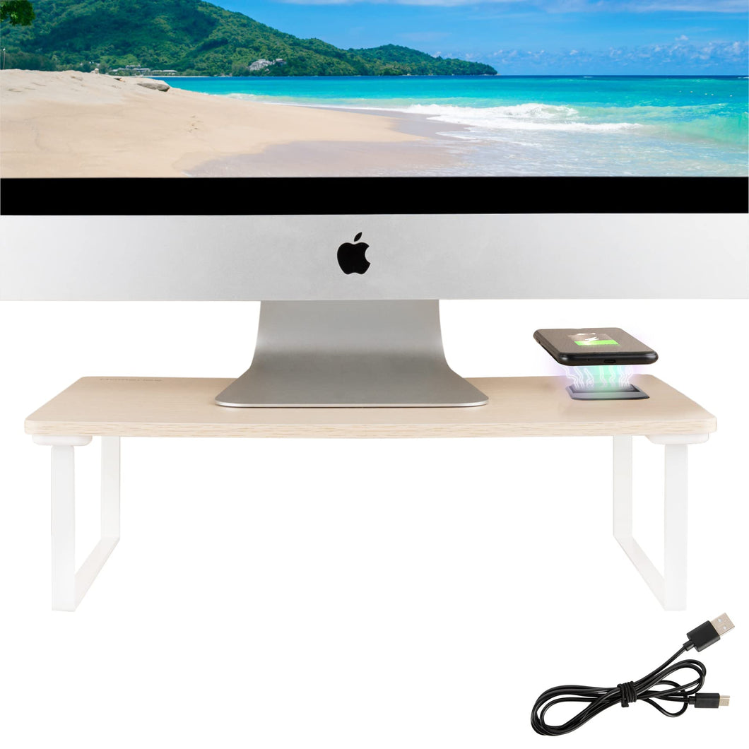 Homeries Computer Monitor Stand with Wireless Qi-Certified 10W Fast Charging Pad - Ergonomic Monitor Riser for iMac, Laptop, Tablet, Printer, Wooden Monitor Platform with Heavy-Duty Steel Feet