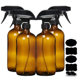 Homeries Glass Spray Bottles For Cleaning Solutions (4 Pack) - 16 Ounce, Refillable Sprayer for Essential Oil, Water, Kitchen, Hair. Durable Black Trigger Sprayer w/Mist and Stream Settings
