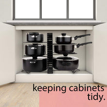 Load image into Gallery viewer, Homeries Pot Rack Organizer – 3 Method DIY Adjustable 8-Tier Pot Lid Holders &amp; Pan Rack for Kitchen Counter, Cabinet, Pantry, Drawer, Cupboard – Organizer for Pots, Frying Pans, Sauce Pans &amp; Lids