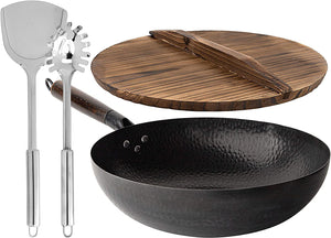 Wok Pan 12.5", Woks and Stir Fry Pans with lid, Carbon Steel Wok for Electric, Induction & Gas Stoves, with 2 Spatulas