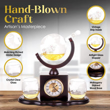 Load image into Gallery viewer, Deluxe Whiskey Decanter Set - 850 mL Globe Decanter and Glass Set with Tray and Detachable Vintage-Style Wooden Clock - Fancy Liquor Decanter for Scotch, Vodka, Brandy, Wine - Tequila Gift Set for Men