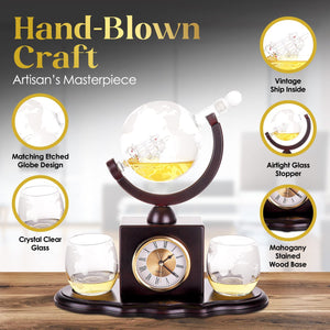 Deluxe Whiskey Decanter Set - 850 mL Globe Decanter and Glass Set with Tray and Detachable Vintage-Style Wooden Clock - Fancy Liquor Decanter for Scotch, Vodka, Brandy, Wine - Tequila Gift Set for Men
