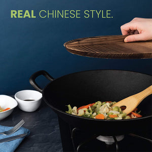 Cast Iron Wok with 2 Handled and Wooden Lid (14 Inches)