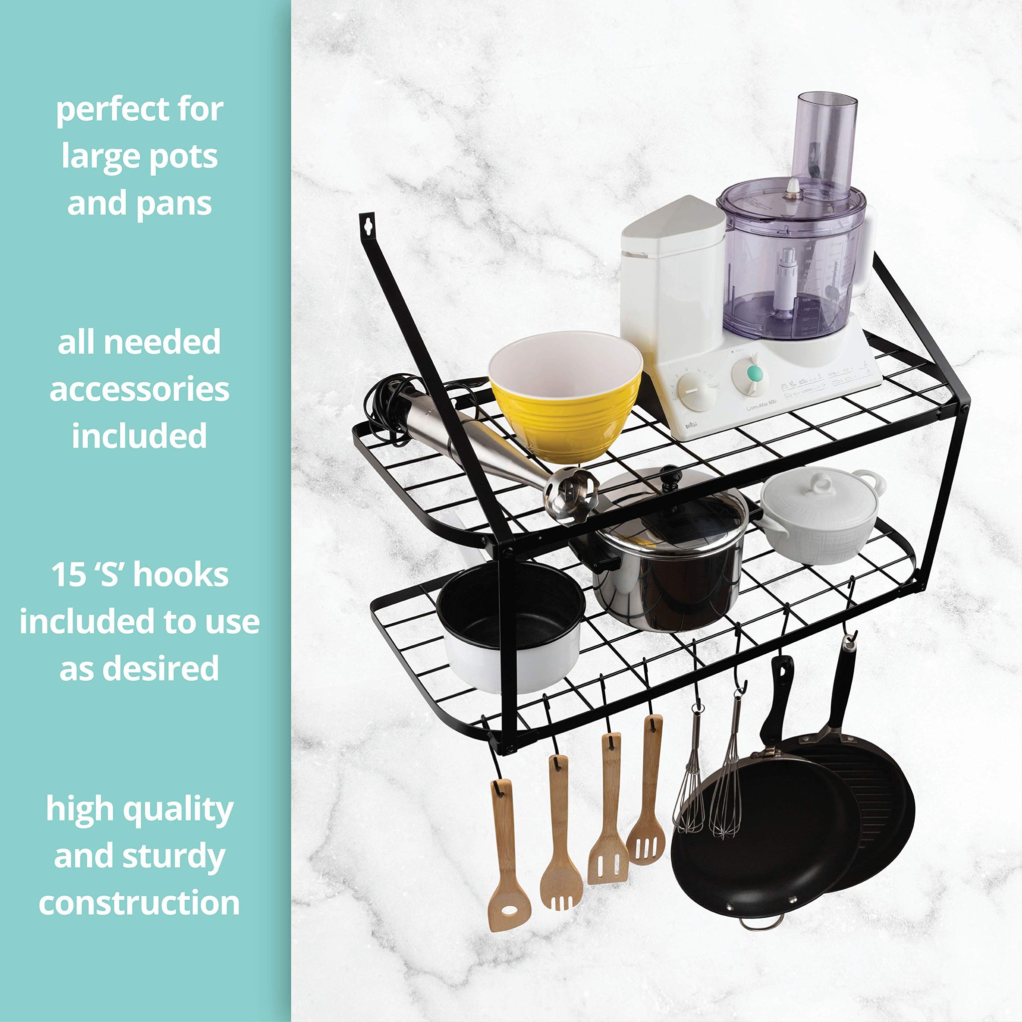 Wall Mounted Pot & Pan Holder with Shelf – Heavy Duty Square Grid