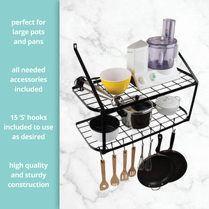 Wall Mounted Pot & Pan Holder with Shelf – Heavy Duty Square Grid Pan Rack Organizer for Kitchen Counter, Cabinet & Pantry - Pot & Pan Holder Storage Wall Shelves by Homeries