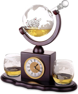 Deluxe Whiskey Decanter Set - 850 mL Globe Decanter and Glass Set with Tray and Detachable Vintage-Style Wooden Clock - Fancy Liquor Decanter for Scotch, Vodka, Brandy, Wine - Tequila Gift Set for Men