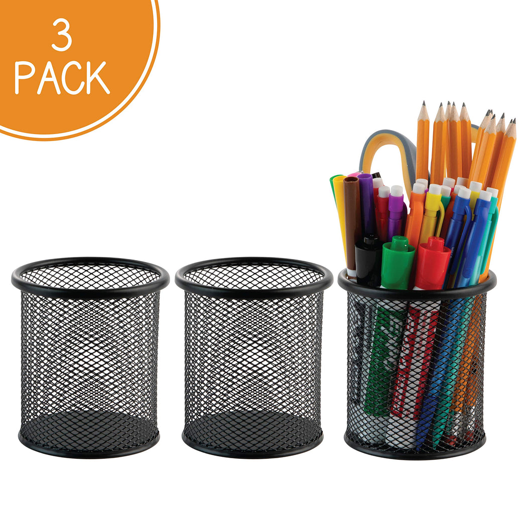Homeries Round Mesh Pen Pencil Holder for Desk, Office & School – Cylindrical Stationary Organizer Stand Cup to Keep Office Supplies Organized - Durable Aluminum Metal Construction 3 Pack
