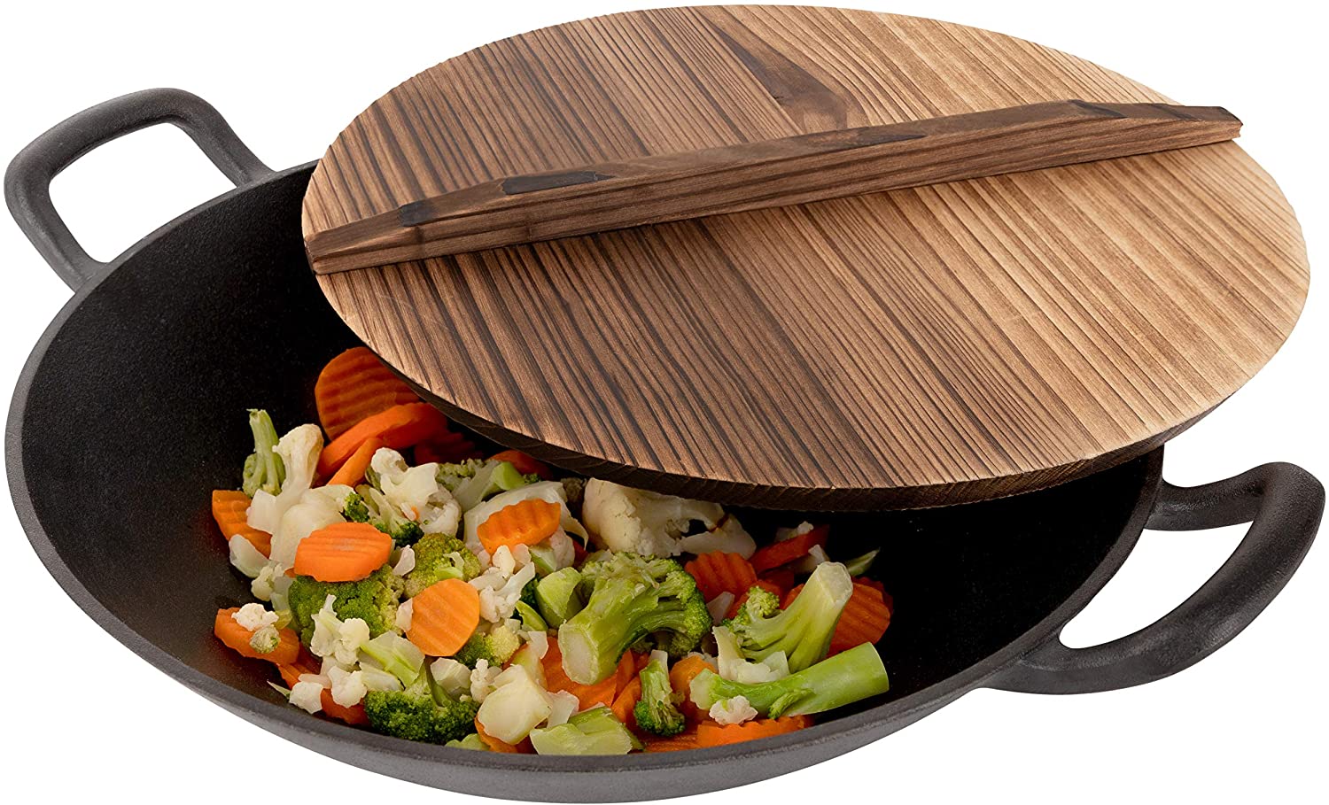 Kasian House Cast Iron Wok with Wooden Handle and Lid, Pre-Seasoned, 1